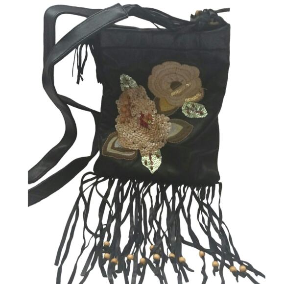 Nordstrom Leather Fringe Sequin Bohemian  Crossbody Bag Black OS - Picture 1 of 9